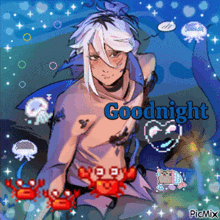 a drawing of a man with crabs and jellyfish and the word goodnight