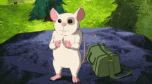 a cartoon mouse is standing next to a bag