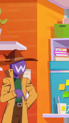 a cartoon character with a w on his face is pointing at something