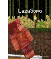 a pixel art of a minecraft character jumping in the air in front of a forest .