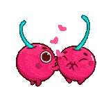 two cartoon cherries are kissing each other with hearts in the background .