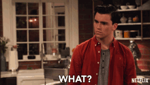 a man in a red shirt says what in front of a netflix logo