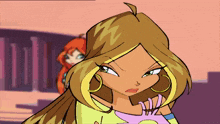 a cartoon girl with long brown hair and a yellow fringe is looking at the camera