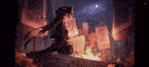a girl with long hair is sitting in front of a fire at night .