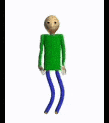 a man in a green shirt and blue pants is dancing with his arms outstretched