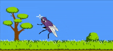 a cartoon of a purple spider in a field
