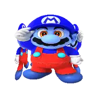 a cartoon character with a blue hat and red pants