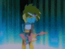a cartoon character is playing a guitar in a blue background