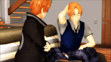 a couple of anime characters sitting on a bed