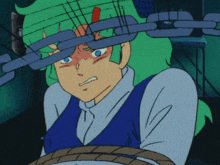 a cartoon character with green hair and blue eyes is tied up with chains