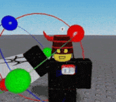 a roblox character with horns and a mask is surrounded by balloons and lines .