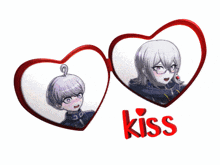 a couple of heart shaped glasses with the word kiss on the bottom
