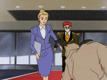 a woman in a purple suit stands next to a man in a green uniform