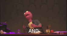 a pink puppet is standing in front of a desk with the words thickens written on it