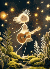 a drawing of a girl holding a guitar in a field