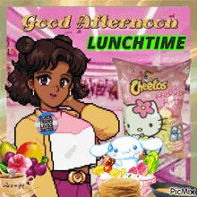 a pixel art of a girl holding a bag of cheetos