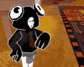 a black and white cartoon character is standing on a rug