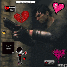 a picture of a man holding a gun with a broken heart and the words emo is love < 3