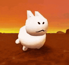 a stuffed animal with an angry face is running in a field