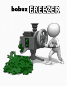 a 3d man is pushing a machine that is making money out of a pile of money .