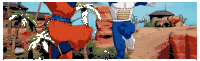 a cartoon of goku and vegeta walking in a desert