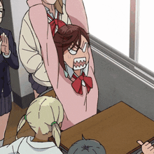 a cartoon of a girl with her arms outstretched and a red bow tie