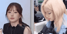 two girls are sitting next to each other and one of them is wearing a black top