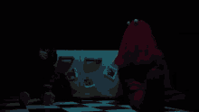 two stuffed animals are sitting in front of a refrigerator with a picture of elmo on it
