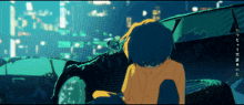 a cartoon drawing of a girl sitting in the back of a car with japanese writing on it