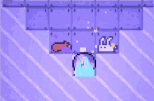 a purple and white striped background with a rabbit and a pig
