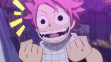 a cartoon character with pink hair is smiling and making a face .