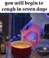 a pink flamingo in a chef 's hat is stirring a pot of soup with a wooden spoon