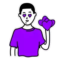 a man in a purple shirt is holding a bunch of purple hearts