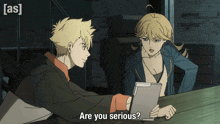 a man and a woman are sitting at a table and the woman is asking the man if he is serious