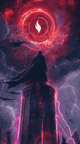 a man in a black cape stands on top of a tower with a red lightning circle in the background
