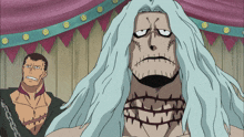 a man with a chain around his neck stands next to a cartoon character with long white hair