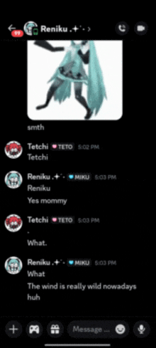 a screenshot of a conversation between tetchi and reniku