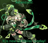 a video game character with the words attention it is now gemsliss sunday on the bottom