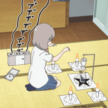 a cartoon of a girl kneeling down with candles and a radio
