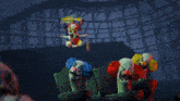 a clown with a top hat is surrounded by a bunch of toys