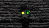 a cartoon character with green eyes and a yellow pupil