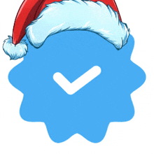 a santa hat is on a blue star with a check mark