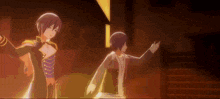 two anime characters are dancing in a dark room .