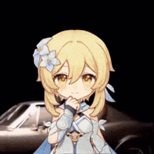 a cartoon girl with a flower in her hair is standing in front of a car .