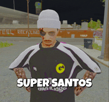 a man wearing a black and white shirt that says super santos on it