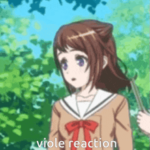 a girl in a school uniform is holding an umbrella with the words viole reaction written on it .