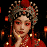 a woman wearing a red costume and a crown holds her hand to her chin