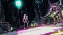 a clone trooper is standing in a dark room with a green light behind him