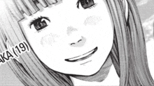 a black and white drawing of a girl 's face with the number 19 on her forehead