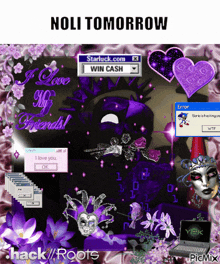 a computer screen that says noli tomorrow with purple flowers and hearts
